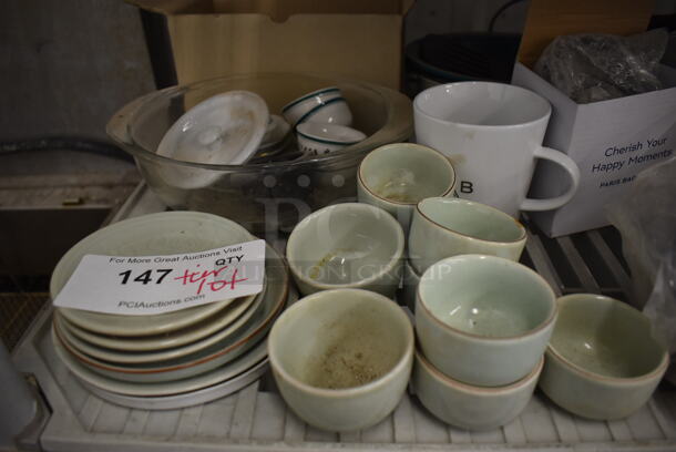 ALL ONE MONEY! Tier Lot of Various Metal Items Including Ceramic Dishes and Poly Bin - Image 2 of 5