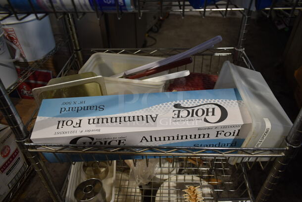 ALL ONE MONEY! Lot of Contents on 6 Tier Wire Shelving Unit Including Aluminum Foil and Poly Bins. Shelving Unit Not Included. - Image 5 of 7