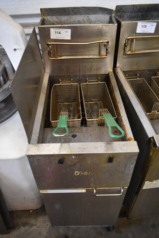 2019 Dean SR142GN Stainless Steel Commercial Floor Style Natural Gas Powered Deep Fat Fryer w/ Left Side Splash Guard, 2 Metal Fry Baskets on Commercial Casters. 105,000 BTU. 