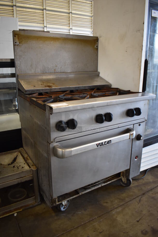 Vulcan Stainless Steel Commercial Natural Gas Powered 6 Burner Range w/ Oven, Back Splash and Over Shelf on Commercial Casters. 36x35x59 - Image 4 of 7