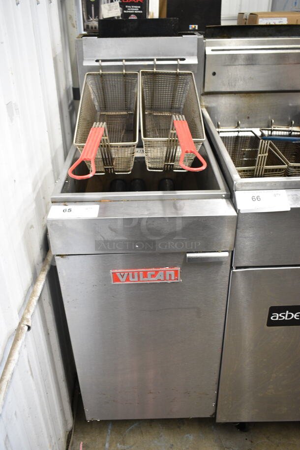 Vulcan LG300-1 Stainless Steel Commercial Floor Style Natural Gas Powered Deep Fat Fryer w/ 2 Metal Fry Baskets. 90,000 BTU.  - Image 1 of 4