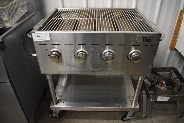 LIKE NEW! Backyard Pro Model GC402 Stainless Steel Floor Style Propane Gas Powered Outdoor Charbroiler Grill on Commercial Casters. 40x25x35