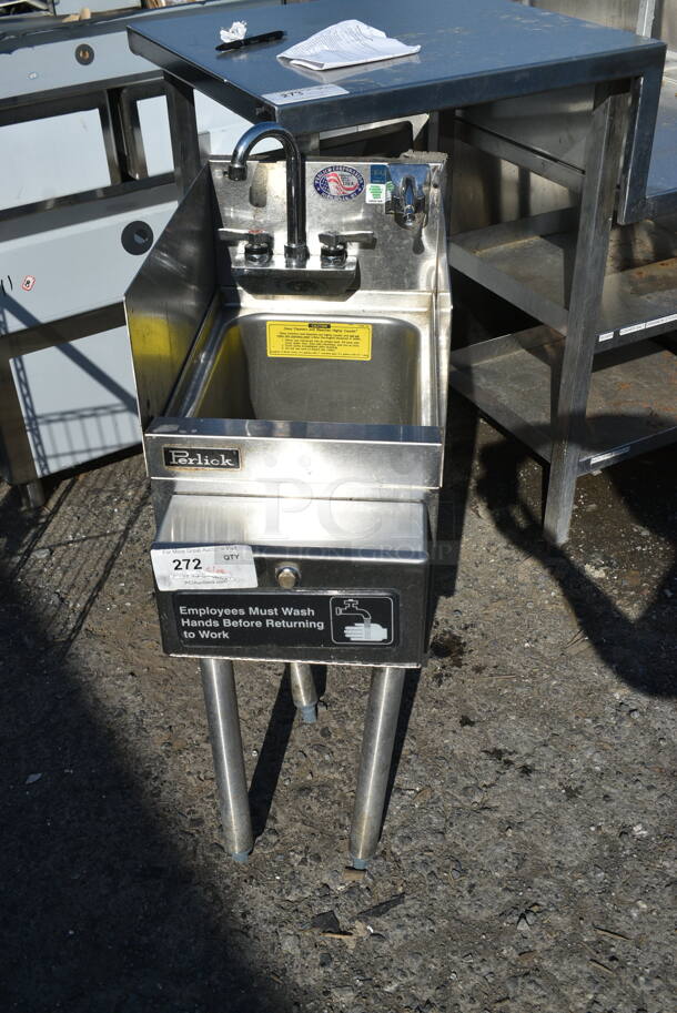 Perlick Stainless Steel Commercial Single Bay Sink w/ Faucet, Handles and Side Splash Guards. Missing 1 Leg.  - Image 1 of 5