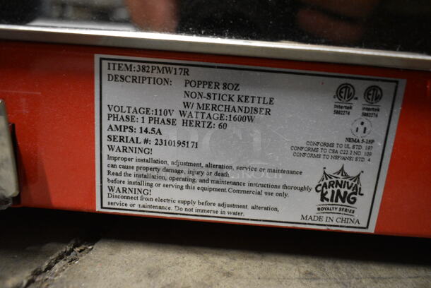 BRAND NEW SCRATCH AND DENT! Carnival King 382PMW17R  Royalty Series 8 oz. Commercial Popcorn Machine / Popper with Warming / Holding Merchandiser. 110 Volts, 1 Phase. Tested and Working! - Image 7 of 7