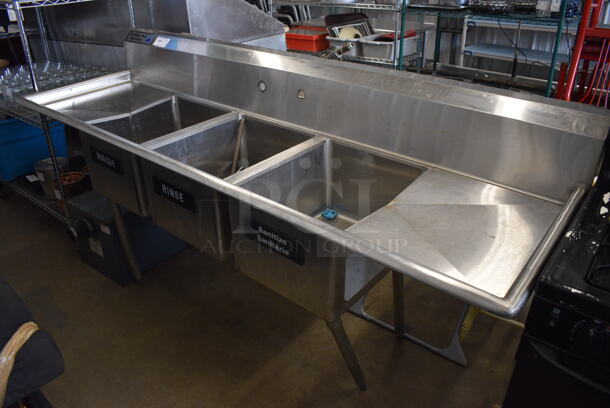 Stainless Steel Commercial 3 Bay Sink w/ Dual Drainboards. 88x27x44. Bays 16x20x12. Drainboards 16x22x1