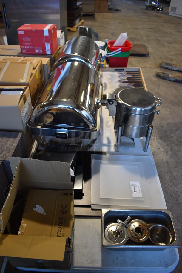 ALL ONE MONEY! Lot of Items on Tabletop Including Chafing Dishes, Poly Buckets, Ceramic Pasta Plates, Tray, Glass Bowls