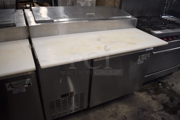 Avantco 178PICL1 Stainless Steel Commercial Pizza Prep Table w/ Oversized Cutting Board on Commercial Casters. 115 Volts, 1 Phase. 50x37x46. Tested and Powers On But Does Not Get Cold