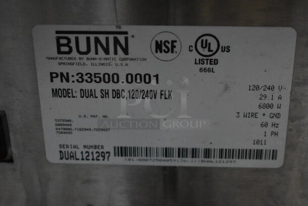 2011 Bunn Model DUAL SH DBC Stainless Steel Commercial Countertop Dual Coffee Machine w/ Hot Water Dispenser, 2 Bunn Model SH SERVER Satellite Servers and 2 Metal Brew Baskets. 120/208-240 Volts, 1 Phase.  - Image 5 of 6