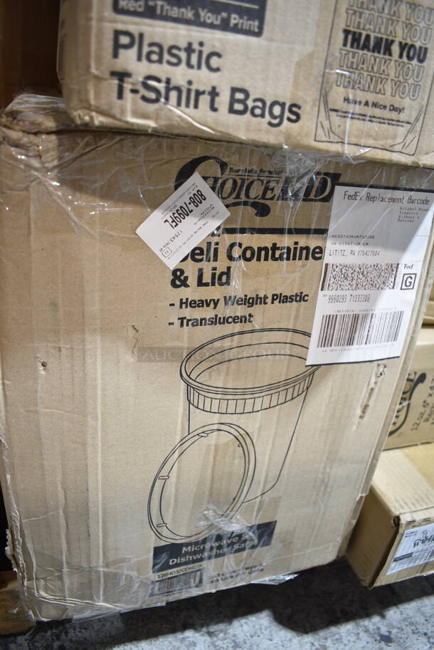 PALLET LOT of 27 BRAND NEW Boxes Including 500CC20 Choice Clear PET Customizable Plastic Cold Cup - 20 oz. - 600/Case, 130HBKCUTKW Visions Individually Wrapped Black Heavy Weight Plastic Knife - 1000/Case, 88534724 Town 34724 24" Hand Hammered Cantonese Wok, 3437RPBD6WHGD Visions 6" White Plastic Plate with Gold Bands - 150/Case, Inteplast Group PB10 3 1/2" x 10" Disposable Plastic Silverware Bag - 2000/Case, 128HD16COMBO ChoiceHD 16 oz. Microwavable Translucent Plastic Deli Container and Lid Combo Pack - 240/Case, 5001RT800B Lavex 8" White Hardwound Paper Towel, 800 Feet / Roll - 6/Case, 2 Box 433NHT101H Choice 1/6 Standard Size White "Thank You" Medium-Duty Plastic T-Shirt Bag - 1000/Case, 129MCS12W Choice 12 oz. White 6" x 4 3/4" x 1 3/4" Rectangular Microwavable Heavy Weight Container with Lid - 150/Case, 130IC10PCL Choice 10 lb. Clear Plastic Ice Bag with Ice Print - 1000/Case, 164CINDGRYAN Lancaster Table & Seating Industrial Chair with Antique Slate Gray Finish, 433MSLCPIE Choice 5" Clear Hinged Slice Container with Medium Dome Lid - 300/Case, 966TALLFLDN Choice Kraft Natural Tall-Fold 6" x 13" Dispenser Napkin - 8000/Case, 500CC20 Choice Clear PET Customizable Plastic Cold Cup - 20 oz. - 600/Case, 433CARRIER4 Choice Pulp Fiber 4 Cup Carrier - 300/Case, 760VP64KR Carnival King Kraft 64 oz. Popcorn Bucket - 360/Case, 127PL Choice Portion Cup Lids. 27 Times Your Bid! - Image 10 of 12