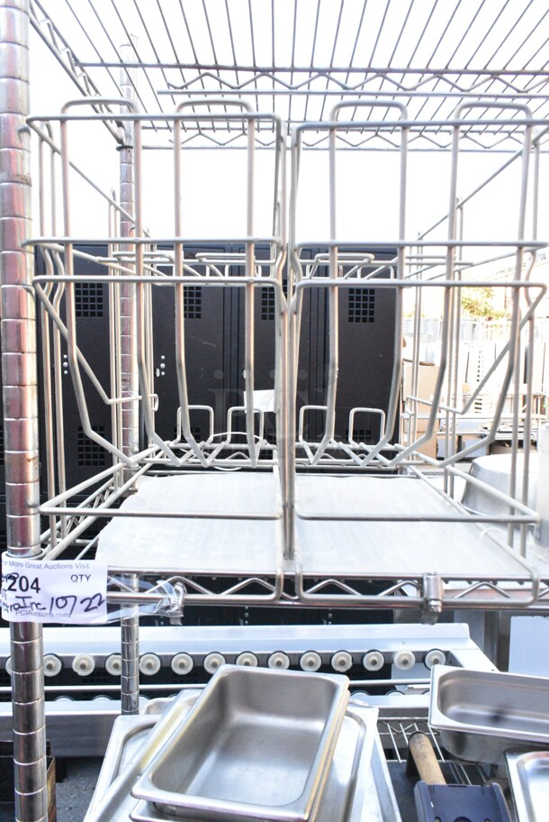 Chrome Finish 5 Tier Wire Shelving Unit on Commercial Casters w/ Contents Including Metal Baking Pans, Basket. Missing Wheel. BUYER MUST DISMANTLE. PCI CANNOT DISMANTLE FOR SHIPPING. PLEASE CONSIDER FREIGHT CHARGES. - Image 5 of 8