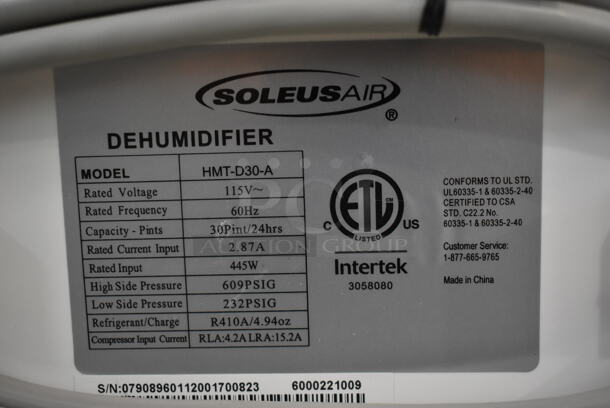 BRAND NEW SCRATCH AND DENT! Soleus Air HMT-D30-A 30-pint Dehumidifier. 115 Volts, 1 Phase. Tested and Working! - Image 6 of 6