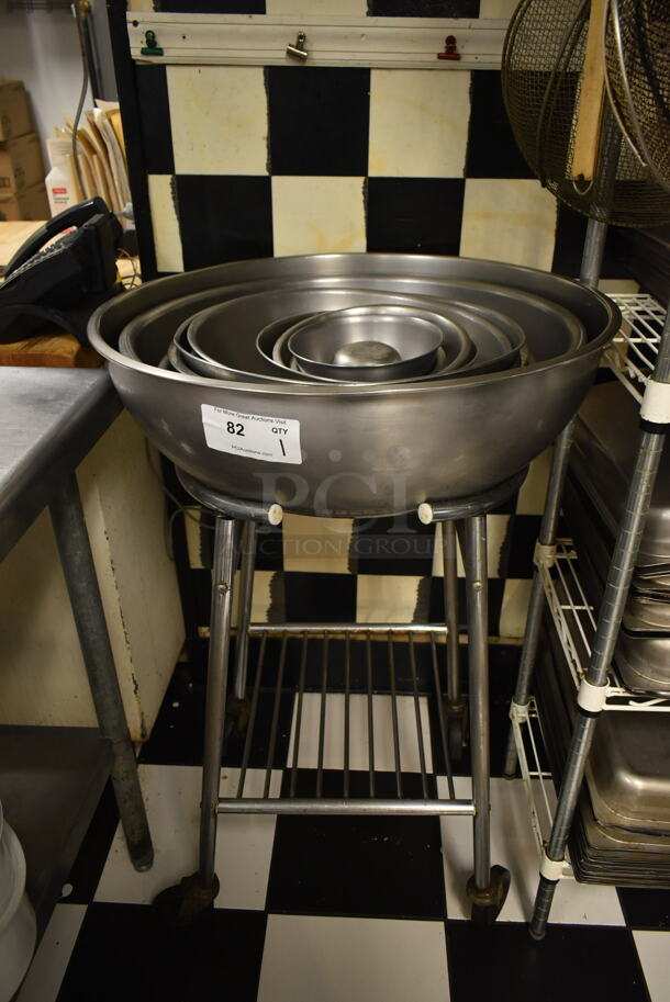 ALL ONE MONEY! Lot of Metal Dolly on Commercial Casters w/ Various Metal Bowls. (kitchen) - Image 1 of 3