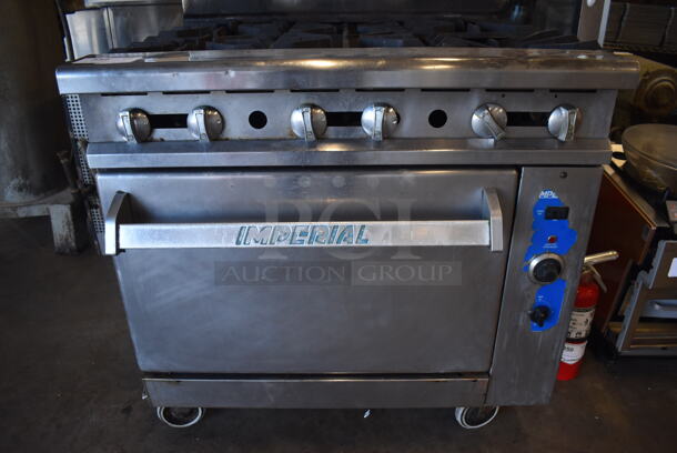 Imperial Stainless Steel Commercial Natural Gas Powered 6 Burner Range w/ Convection Oven, Over Shelf and Back Splash on Commercial Casters. 36x33x57 - Image 4 of 7