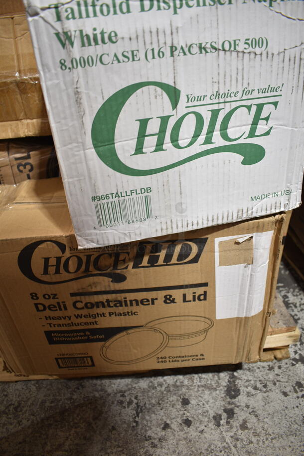 PALLET LOT of 32 BRAND NEW Boxes Including 347RPBD10WHS Visions 10" White Plastic Plate with Silver Bands - 120/Case, Choice Medium Weight White Sporks, 500MFT Lavex White M-Fold (Multifold) Towel - 4000/Case, 3 Box E301455400 Leather Conditioner, 2 Box Choice Hot Cup Travel Lids, 500TW5 Choice 5 oz. Translucent Thin Wall Plastic Cold Cup - 2500/Case, 966TALLFLDB Choice White Tall-Fold 6" x 13" Dispenser Napkin - 8000/Case, 128HD8COMBO ChoiceHD 8 oz. Microwavable Translucent Plastic Deli Container and Lid Combo Pack - 240/Case, Ceramic Pizza Trays, 612FFL1230 Choice Foil Steam Table Pan Lid - Full Size - 50/Case, 395TO881 EcoChoice 8" x 8" x 3" Compostable Sugarcane / Bagasse 1 Compartment Take-Out Box - 200/Case, 129MCR24B Choice 24 oz. Black Round Microwavable Heavy Weight Container with Lid 7 1/4" - 150/Case. 32 Times Your Bid!  - Image 8 of 12