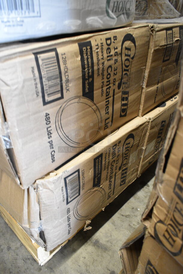 PALLET LOT of 30 BRAND NEW Boxes Including 2 Box 128HDLDBULK ChoiceHD Microwavable Translucent Plastic Deli Container Lid - 480/Case, 5002BNAPWH Choice 2-Ply White Beverage / Cocktail Napkin - 3000/Case, Choice Black Beverage Napkins, 612OB4LB Choice 4 lb. Oblong Foil Take-Out Container - 250/Case, 795PTOKFT1 Choice 4 5/8" x 3 1/2" x 2 1/2" Kraft Microwavable Folded Paper #1 Take-Out Container - 450/Case, 4 Box 130ROLLKFSSV Visions 17" x 17" Pre-Rolled Linen-Feel White Napkin and Silver Heavy Weight Plastic Cutlery Set - 100/Case, 500LFLAT Choice Clear Flat Lid with Straw Slot - 9, 12, 16, 20, and 24 oz. - 1000/Case, Bakers Lane Corrugated Cake Circles, Moist Towelettes, Choice Molded Fiber Cup Carrier, 4 Box 5013858HVY Lavex Hercules 55 Gallon 2 Mil 38" x 58" Low Density Heavy-Duty Black Can Liner / Trash Bag - 50/Case. 30 Times Your Bid! - Image 2 of 12
