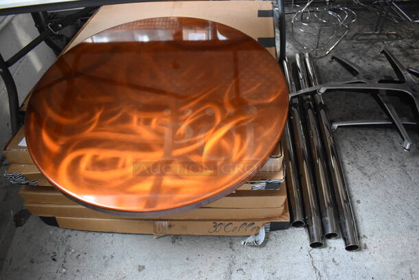 8 BRAND NEW IN BOX! Copper Colored Round Tabletops w/ 4 Metal X Table Base and 4 Metal Table Base Chute. 30x30x1.5. 8 Times Your Bid! - Image 3 of 4