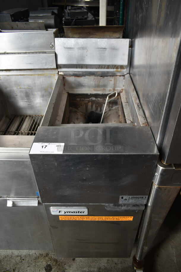 2014 Frymaster GF14SD Stainless Steel Commercial Floor Style Natural Gas Powered Deep Fat Fryer on Commercial Casters. 100,000 BTU.