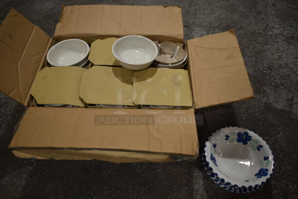 Box of 45 Various White Ceramic Bowls.  