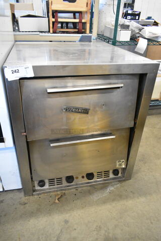 Bakers Pride P46S Stainless Steel Commercial Countertop Electric Powered 2 Deck Pizza Oven w/ Broken Cooking Stones. One Door Needs To Be Reattached. 208 Volts, 1 Phase.