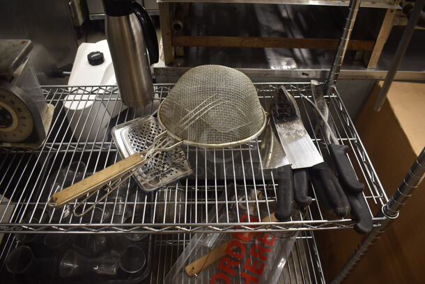 ALL ONE MONEY! Lot of Pink And Blue Dishes, Kitchen Knives With Black Handles, Strainer, Portion Control Scale, AND MORE! Does Not Include Metro Shelf - Image 3 of 3