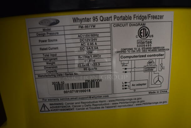 BRAND NEW SCRATCH AND DENT! Whynter FM-951YW 95 Quart Yellow Portable Freezer With Commercial Casters. 115V. Tested And Working! - Image 5 of 6