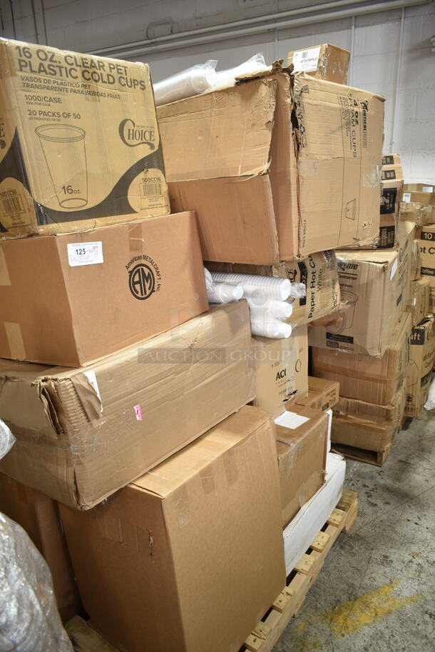 PALLET LOT of 17 BRAND NEW Boxes Including 500CC16 Choice Clear PET Customizable Plastic Cold Cup - 16 oz. - 1000/Case, 190H10LVS16OZ 10 Lane Universal Gravity Feed Bottle Organizer for 12 oz. to 16 oz. Bottles with High Rings, Nautical Direct 4 oz Foam Cups, 433NHT101 Choice 1/6 Standard Size White "Thank You" Standard-Duty Plastic T-Shirt Bag - 700/Case, 5013339XXH Lavex Pro 33 Gallon 2.5 Mil 33" x 39" Low Density Heavy-Duty Industrial Contractor Black Trash Bag Can Liner - 100/Case, 922EC14FP Acopa 6.5 Qt. Supreme Round Chafer Food Pan. 17 Times Your Bid! - Image 1 of 7