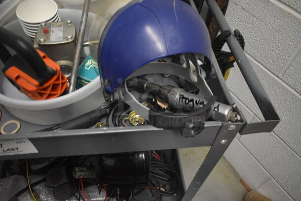 Gray Metal 2 Tier Cart w/ Contents Including Motor, Metal Pieces and Filter on Commercial Casters. - Image 5 of 7