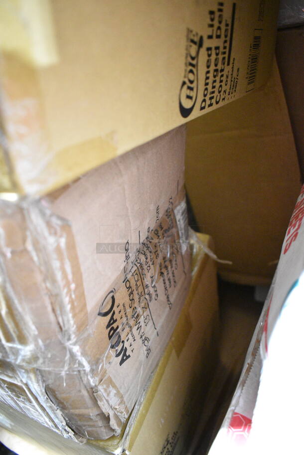 PALLET LOT of 42 BRAND NEW Boxes Including 127CH12F Choice 12 oz. Clear RPET Tall Hinged Deli Container - 200/Case, 966TALLFLDB Choice White Tall-Fold 6" x 13" Dispenser Napkin - 8000/Case, 15909144 Araven 09144 ColorClip 6 Gallon / 96 Cup Polypropylene Light-Duty Shelf Ingredient Bin, 8 Box 612W65 Choice Insulated Foil Sandwich Wrap Sheets 14" x 16" - 1000/Case, 5002CPTEC Lavex 2-Ply White Center Pull Economy Paper Towel Roll, 500 Sheets / Roll - 6/Case, 5002CPTENAT Lavex 2-Ply Natural Kraft Center Pull Paper Towel 510' Roll - 6/Case, Visions Stemless White Plastic Glasses, Dinex DX11870174 Clear Dome Disposable Lid for Dinex DXSWC6 6 oz. Clear Tulip Bowls, Dinex DXSWC8 8 oz. Clear Tulip Bowls, Carlisle 4531 5 oz. Tulip Dish, and Carlisle 4535 8 oz. Clear Tulip Bowls - 1000/Case, 245CB10 Choice 10" x 10" x 2" White Customizable Corrugated Plain Pizza Box - 50/Bundle, 2 Box 966UPWIDEKFT-500 OneUp by Choice Kraft 2-Ply Wide Interfold 6 1/2" x 8 1/2" Dispenser Napkin - 6000/Case. 42 Times Your Bid! - Image 3 of 12