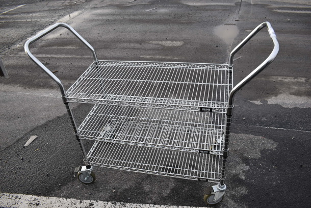 Chrome Finish 3 Tier Cart w/ 2 Push Handles on Commercial Casters. 18x49x40 - Image 3 of 3
