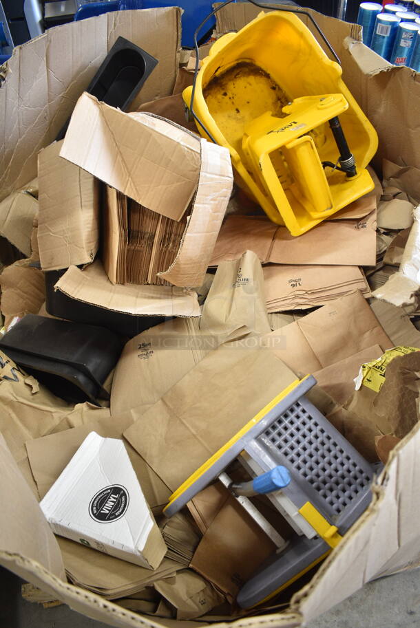 PALLET LOT of Various Items Including 2 Yellow Mop Bucket Wringing Attachment, Yellow Mop Bucket, Brown Paper Bags, Black Poly Bins - Image 1 of 9