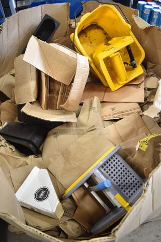 PALLET LOT of Various Items Including 2 Yellow Mop Bucket Wringing Attachment, Yellow Mop Bucket, Brown Paper Bags, Black Poly Bins