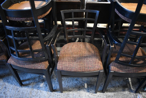 4 Black Wood Pattern Dining Chairs w/ Patterned Seat Cushion and Arm 
Rests. 20x18x33. 4 Times Your Bid! - Image 4 of 5