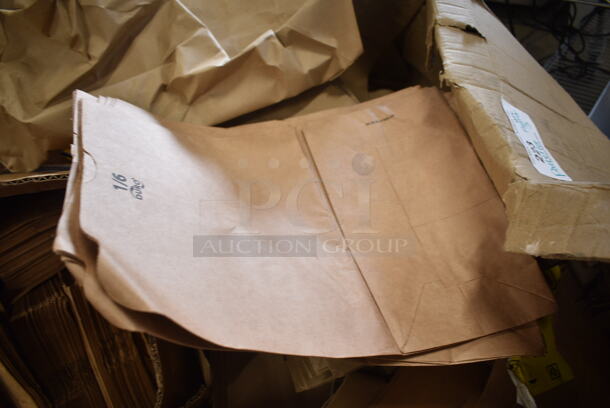 PALLET LOT of Various Items Including 2 Yellow Mop Bucket Wringing Attachment, Yellow Mop Bucket, Brown Paper Bags, Black Poly Bins - Image 8 of 9