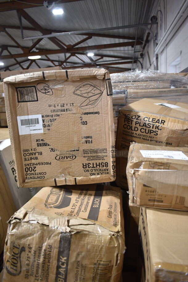 PALLET LOT of 19 BRAND NEW Boxes Including 128HD32COMBO ChoiceHD 32 oz. Microwavable Translucent Plastic Deli Container and Lid Combo Pack - 240/Case, X8 Dart Trophy Plus Cups, 2 Box 5008W Choice 8 oz. Tall White Poly Paper Hot Cup - 1000/Case, 795PTOKFT8 Microwavable Folded Paper #8 Take-Out Container 6" x 4 5/8" x 2 1/2", 760PICLWDOME Choice 5-12 oz. Clear Plastic Low Dome Lid, No Hole - 1000/Case, 129MCS242CB Choice 30 oz. Black 8 3/4" x 6" x 2 3/4" 2-Compartment Rectangular Microwavable Heavy Weight Container with Lid - 150/Case, 85HT3R Dart Foam Container, 164TS1000 Lancaster Table & Seating 10" Cast Iron Table Base Spider, 50010C Choice 10 oz. Coffee Print Poly Paper Hot Cup - 1000/Case. 19 Times Your Bid! - Image 7 of 9