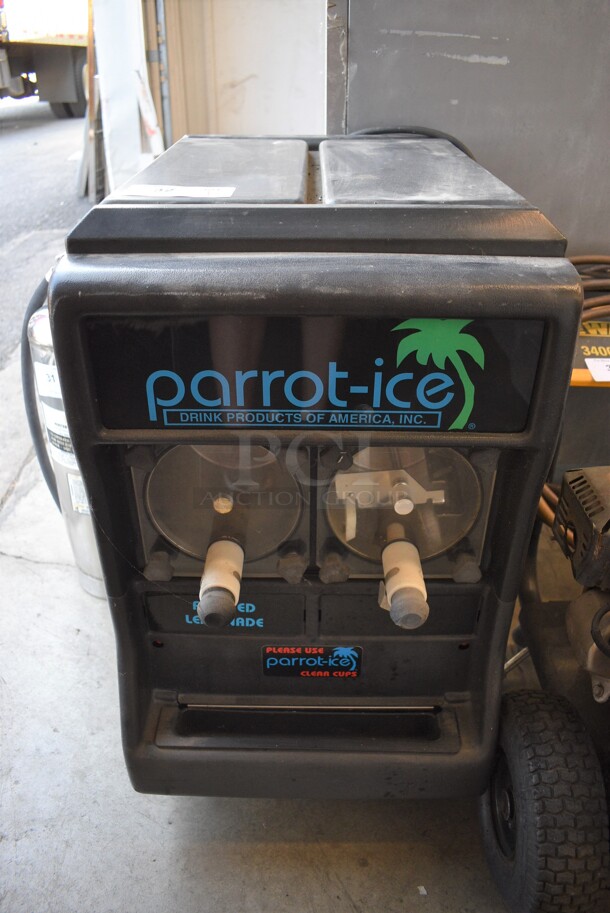 Parrot Ice Model 2403 Metal Commercial Countertop 2 Flavor Slushie Machine. 115 Volts, 1 Phase. 17x25x30. Tested and Left Side Is Working and Right Side Does Not Get Cold