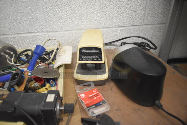 Tan Metal 2 Door Cabinet w/ Contents Including Panasonic Commercial Electric Stapler and Tools on Commercial Casters. - Image 3 of 12