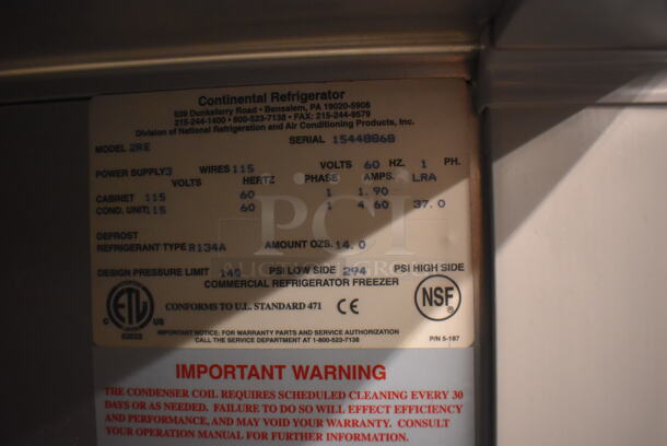 Continental 2RE Stainless Steel Commercial 2 Door Reach In Cooler on Commercial Casters. 115 Volts, 1 Phase. 57x34x82. Tested and Working! - Image 4 of 6