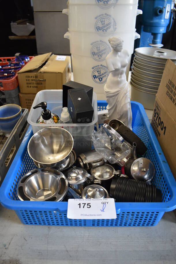 ALL ONE MONEY! Lot of Various Items Including Statue, Metal Pitchers and Metal Bowls in Blue Basket