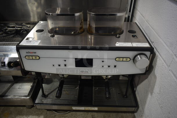 2018 Schaerer Barista Metal Commercial Countertop 2 Group Espresso Machine w/ 2 Portafilters, 2 Hoppers and 2 Steam Wands. 208/240 Volts, 1 Phase.