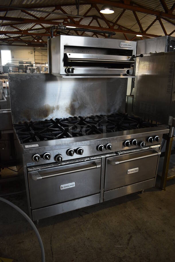 LATE MODEL! 2019 Garland 360-10RR Stainless Steel Commercial Natural Gas Powered 10 Burner Range w/ 2 Ovens, Salamander Cheese Melter and Back Splash. 59x36x72 - Image 2 of 10