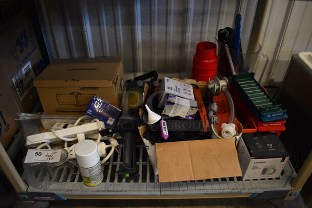 ALL ONE MONEY! Tier Lot of Various Items Including Power Strips, Hairnets, Safe Inserts