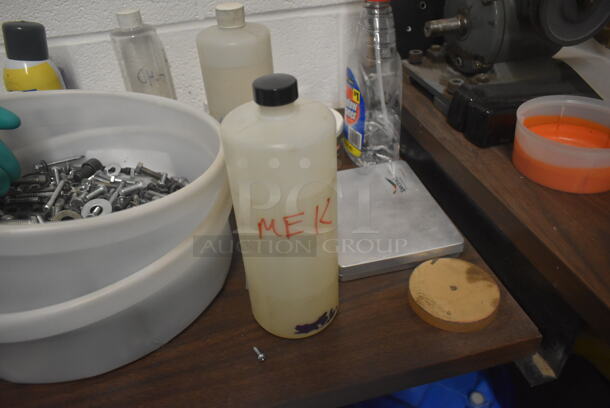 Black Metal Desk w/ Wood Pattern Desktop and Contents Including Bottles, Screws. Includes 30x60x30. BUYER MUST REMOVE. - Image 4 of 12