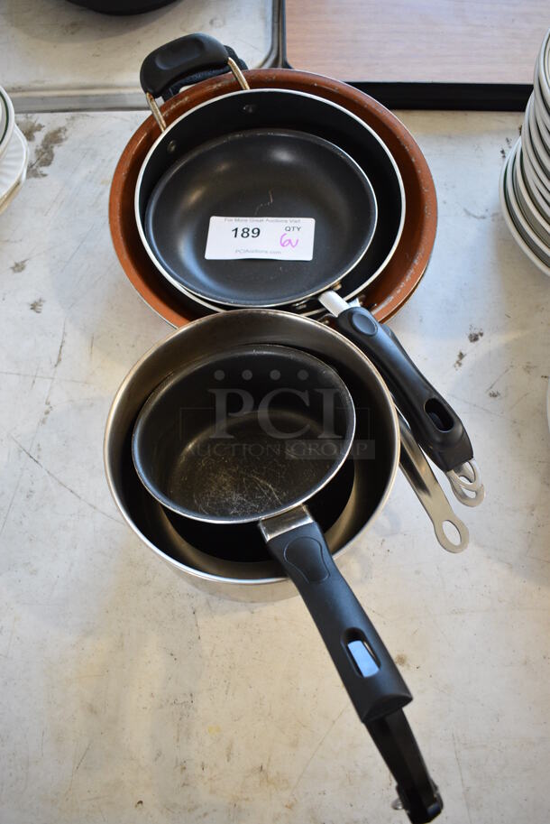 6 Various Metal Items; 2 Sauce Pans and 4 Skillets. Includes 15.5x8.5x2. 6 Times Your Bid!