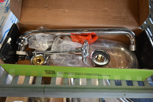 BRAND NEW SCRATCH AND DENT! Regency 600FW84G Wall Mount Faucet with 3 1/2" Swivel Gooseneck Spout and 8" Centers - Image 2 of 6
