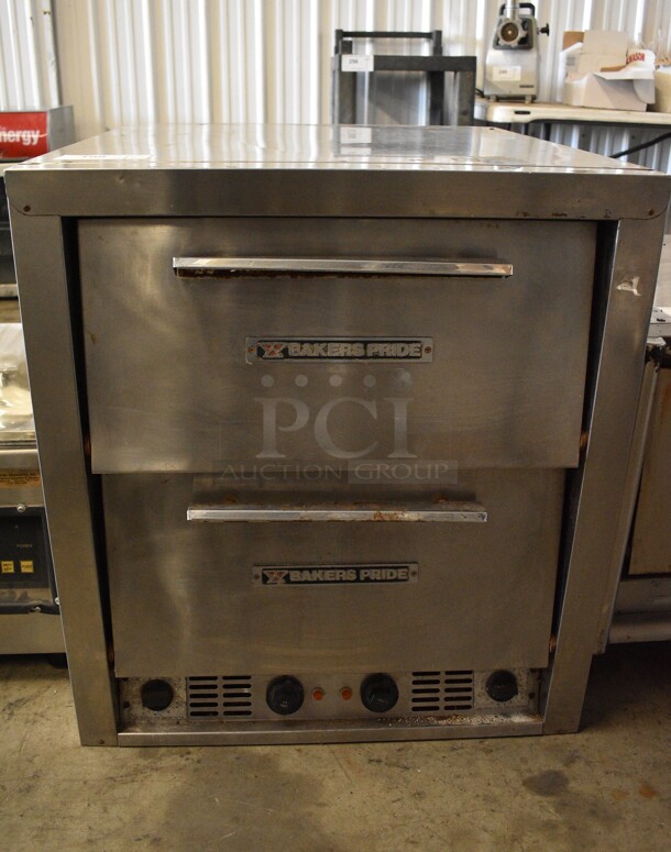 Baker's Pride Model P-44S Stainless Steel Commercial Countertop Electric Powered Double Deck Pizza Oven w/ Cooking Stones. 208 Volts, 1 Phase. 26.5x29x29