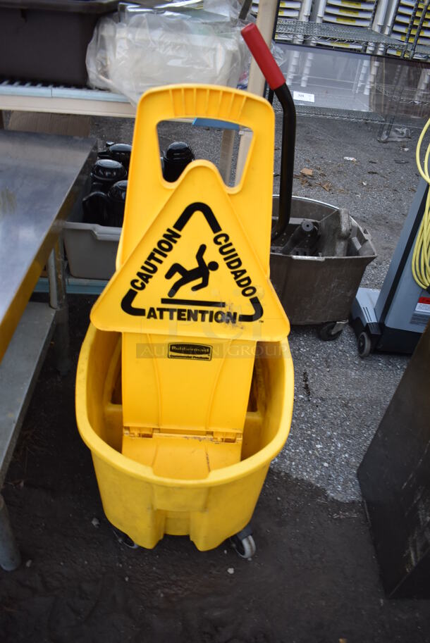 Rubbermaid Yellow Poly Mop Bucket w/ Wringing Attachment and Wet Floor Caution Sign on Commercial Casters. 15x24x36 - Image 4 of 4