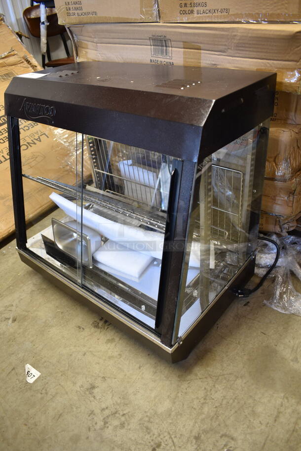 BRAND NEW SCRATCH AND DENT! 2023 Avantco 177HDC26 Metal Commercial 26" Self/Full Service 3 Shelf Countertop Heated Display Case with Sliding Doors. See Pictures For Broken Front Glass. 120 Volts, 1 Phase. Tested and Working! - Image 3 of 8