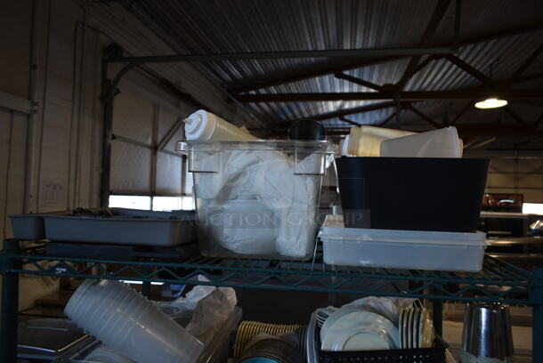 ALL ONE MONEY! Four Tier Lot of Various Items Including Poly Bins and Ceramic Plates. Does Not Include Shelving Unit.  - Image 2 of 8