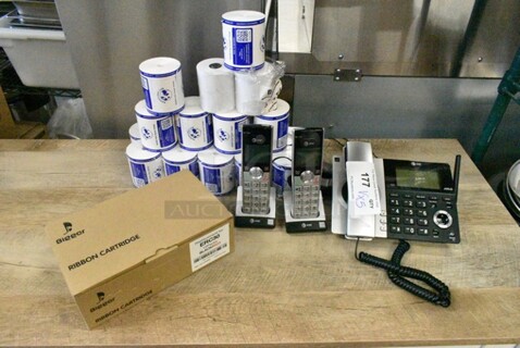 ALL ONE MONEY! Lot of Corded Office Telephone, 2 Phones on Cradle, Receipt Printer Paper