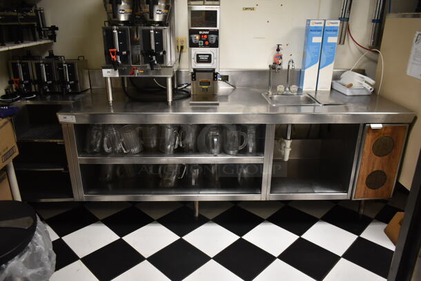 Stainless Steel Commercial Table w/ Sink Bay, Faucet, Handles, Back Splash and Under Shelf. Does Not Include Contents. BUYER MUST REMOVE. (ice room)